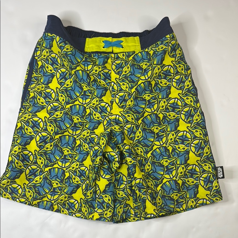 Disney Store Star Wars Boys' Mandalorian Grogu Yellow‎ and Blue Swim Trunks 9/10